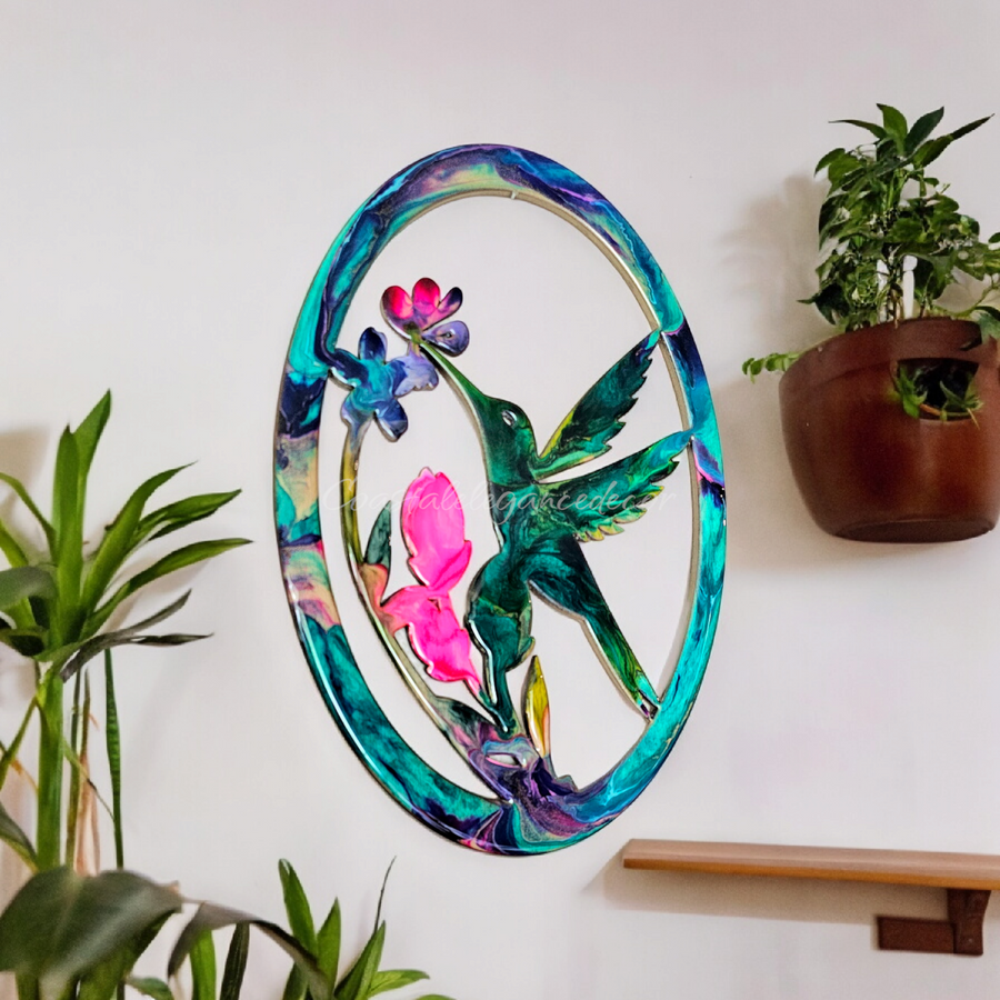 Hummingbird with Flowers Oval Frame Wall Decor