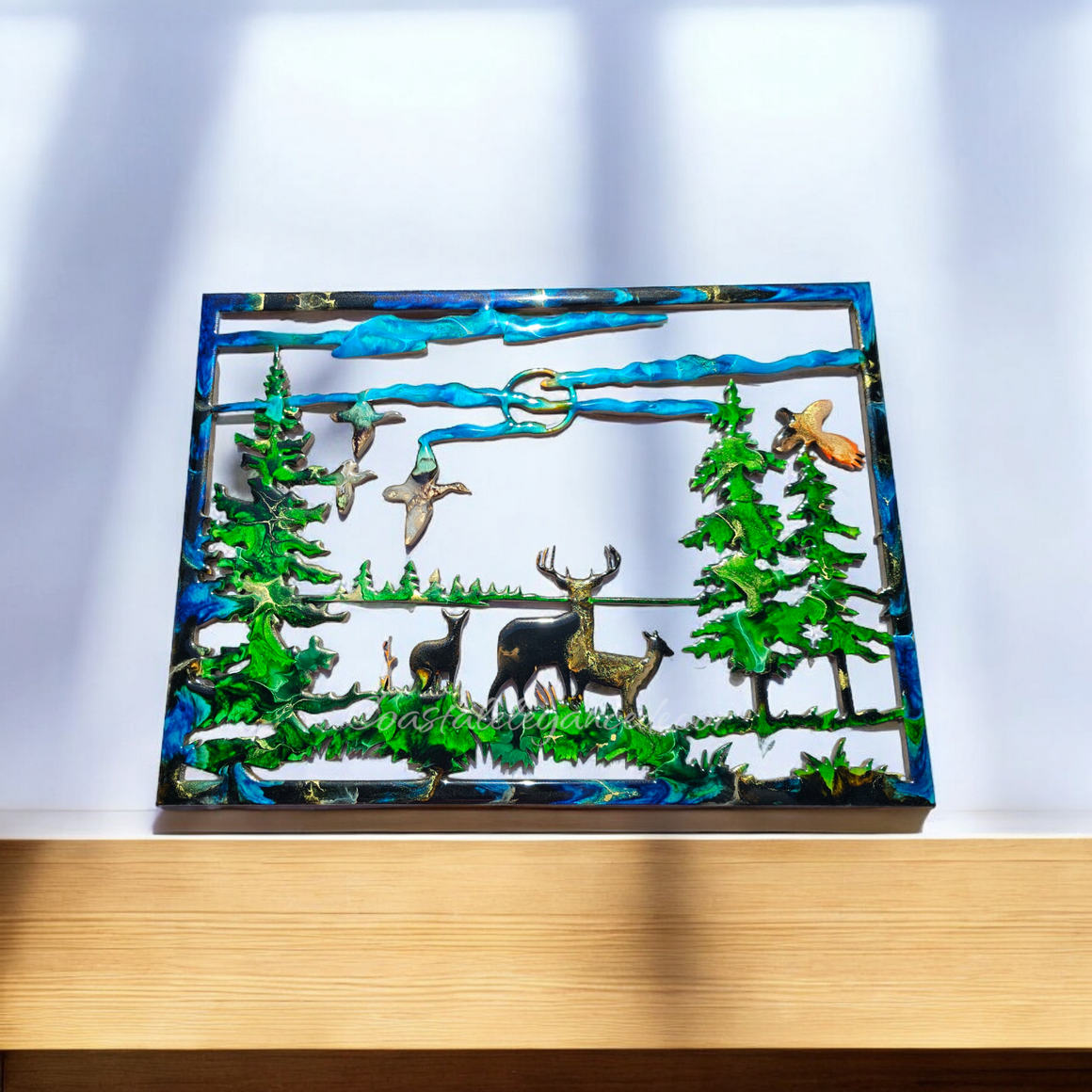 Deer in Nature with Ducks and Tree Scene Wall Decoration Handmade