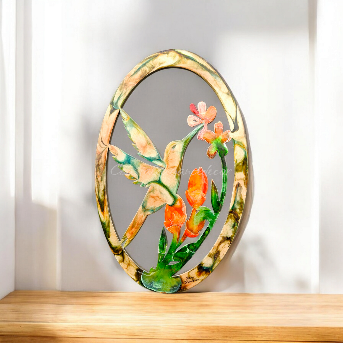 Hummingbird with Flowers Oval Frame Wall Decor