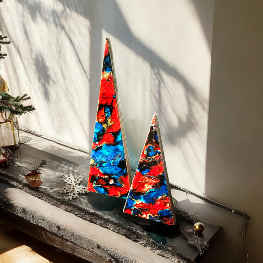 Handcrafted Blue And Red Triangle Christmas Trees With Gold Accents - 11.25" & 7" Tall