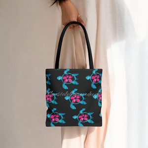 Original Art Print Polynesian Blue Turtle With Pink Flowers All Over Print Custom Tote Bags 3 Sizes