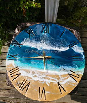 Large Roman Numeral Teal Beach Ocean Waves Wall Clock