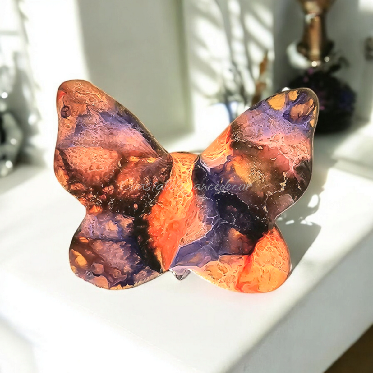 Handcrafted Colorful Butterfly Figurine On Chunky Wood - Unique Indoor Decor