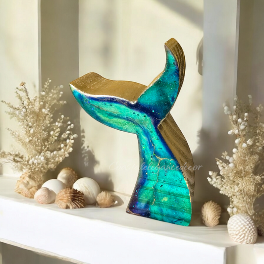 Handcrafted Sparkly Mermaid Tail Figurine on Chunky Wood Base - 3 Inch Decorative Accent