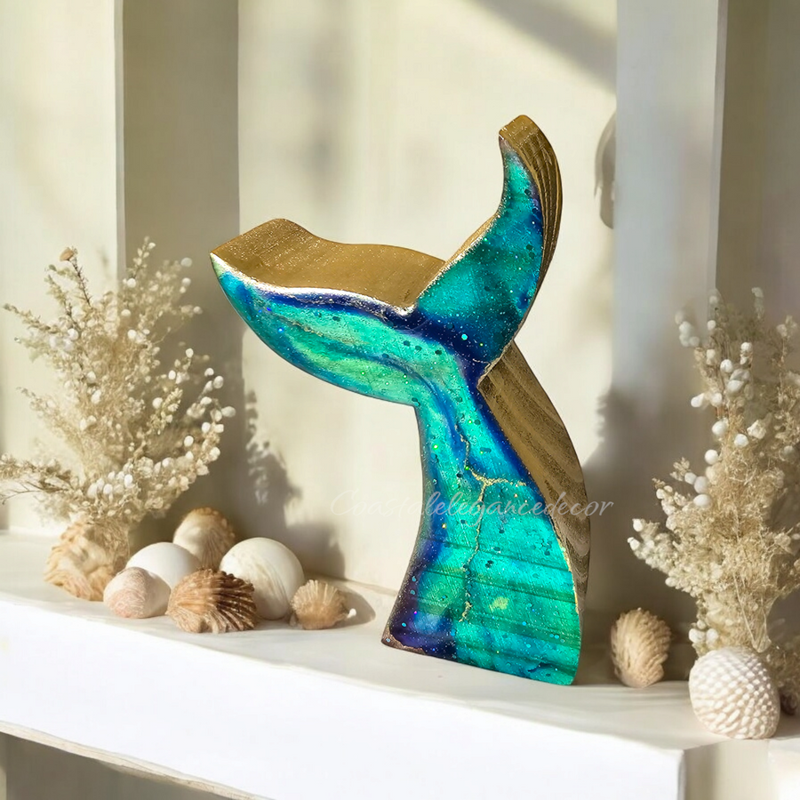 Handmade Whimsey Sparkly Mermaid Tail Chunky Wood Decorative Figurine