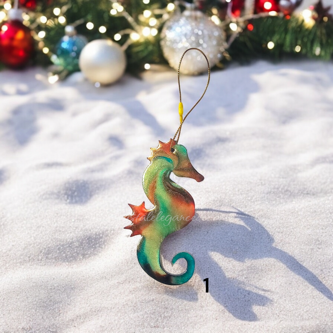 Bright coastal seahorse ornament showcasing handmade resin on wood, featuring vibrant colors and metallic accents, perfect for Christmas decor.