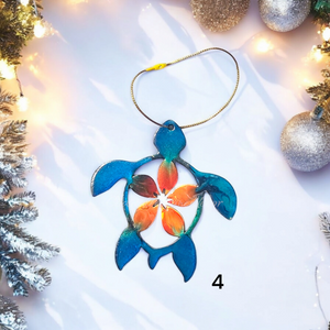 Polynesian Sea Turtle with Tropical Flower Christmas Resin and Wood Ornaments