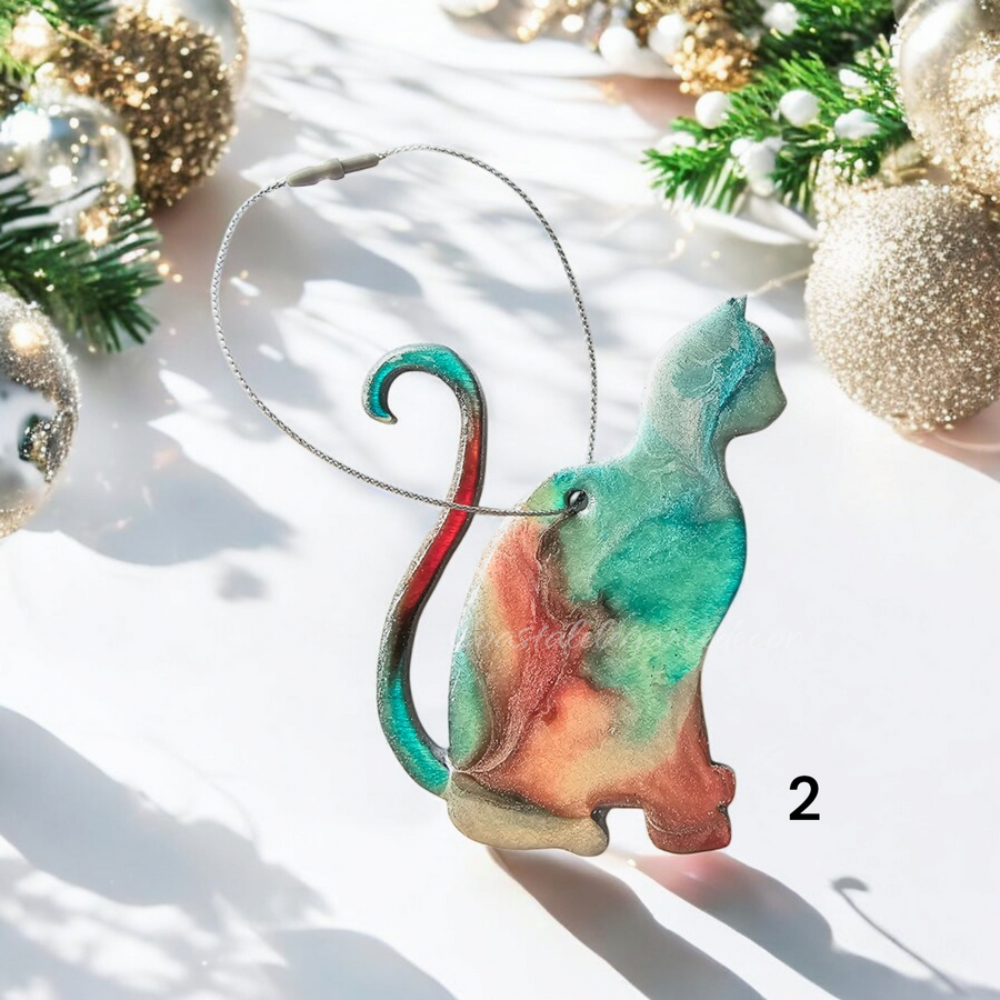 Resin and Wood Colorful Kitty Cat Christmas Ornaments