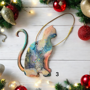 Resin and Wood Colorful Kitty Cat Christmas Ornaments