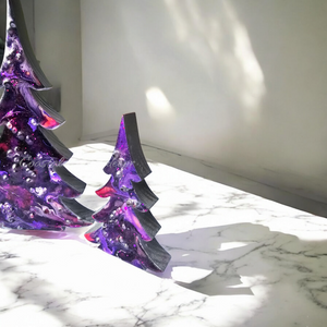 Resin and Chunky Wood Contemporary Mantel Christmas Trees with Branches Holiday Decoration Purple Sparkle Lg or Sm