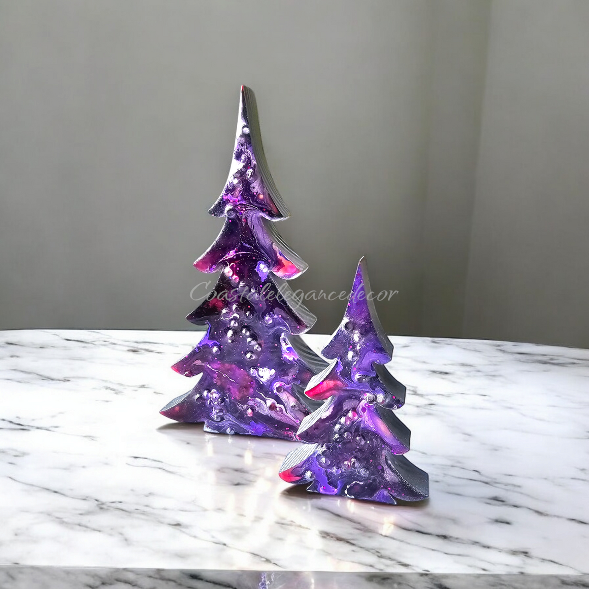 Resin and Chunky Wood Contemporary Mantel Christmas Trees with Branches Holiday Decoration Purple Sparkle Lg or Sm