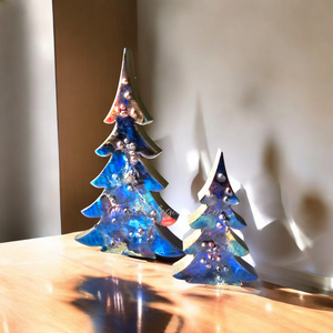 Chunky Wood and Resin Tabletop Shelf Christmas Trees With Branches Blue Sparkle 2 Sizes