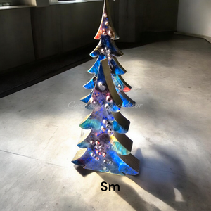 Chunky Wood and Resin Tabletop Shelf Christmas Trees With Branches Blue Sparkle 2 Sizes