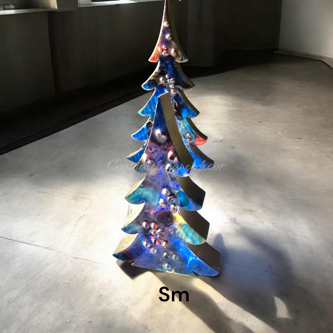 Chunky Wood and Resin Tabletop Shelf Christmas Trees With Branches Blue Sparkle 2 Sizes