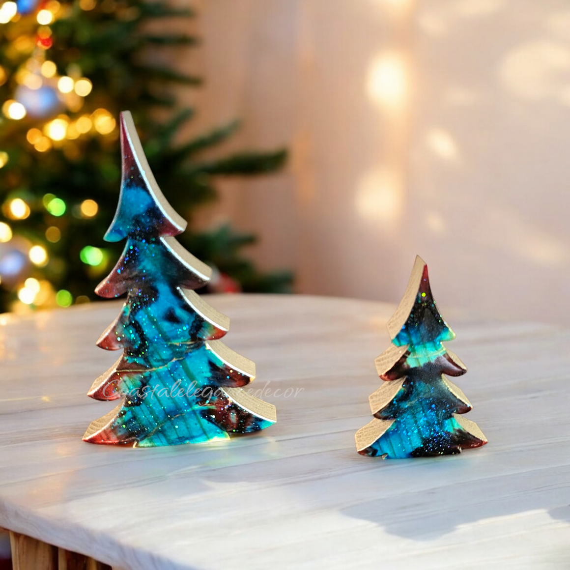 Chunky Wood with Resin Fancy Christmas Trees Holiday Tabletop Decoration Turquoise and Rust Red Lg or Sm