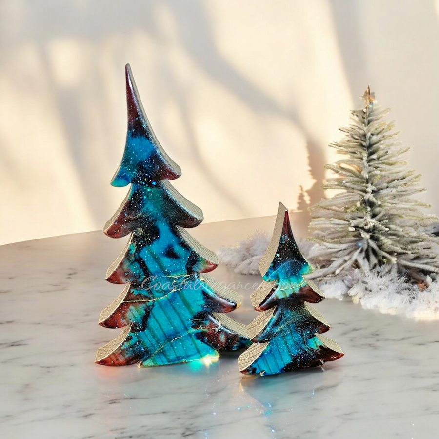 Chunky Wood with Resin Fancy Christmas Trees Holiday Tabletop Decoration Turquoise and Rust Red Lg or Sm