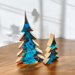 Chunky Wood with Resin Fancy Christmas Trees Holiday Tabletop Decoration Turquoise and Rust Red Lg or Sm