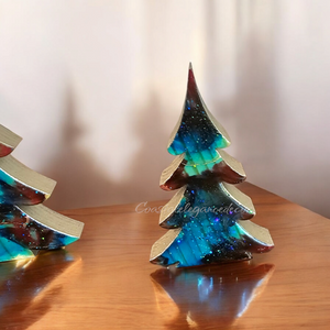 Chunky Wood with Resin Fancy Christmas Trees Holiday Tabletop Decoration Turquoise and Rust Red Lg or Sm