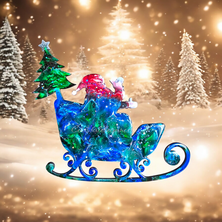 Santa in Sleigh with Christmas Tree Contemporary Handmade Wall Christmas Decoration Blues Greens