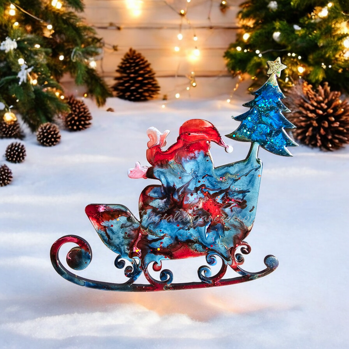 Santa in Sleigh with Christmas Tree Contemporary Handmade Wall Christmas Decoration Blue and Red