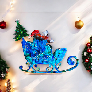 Santa in Sleigh with Christmas Tree Contemporary Handmade Wall Christmas Decoration Blues Greens