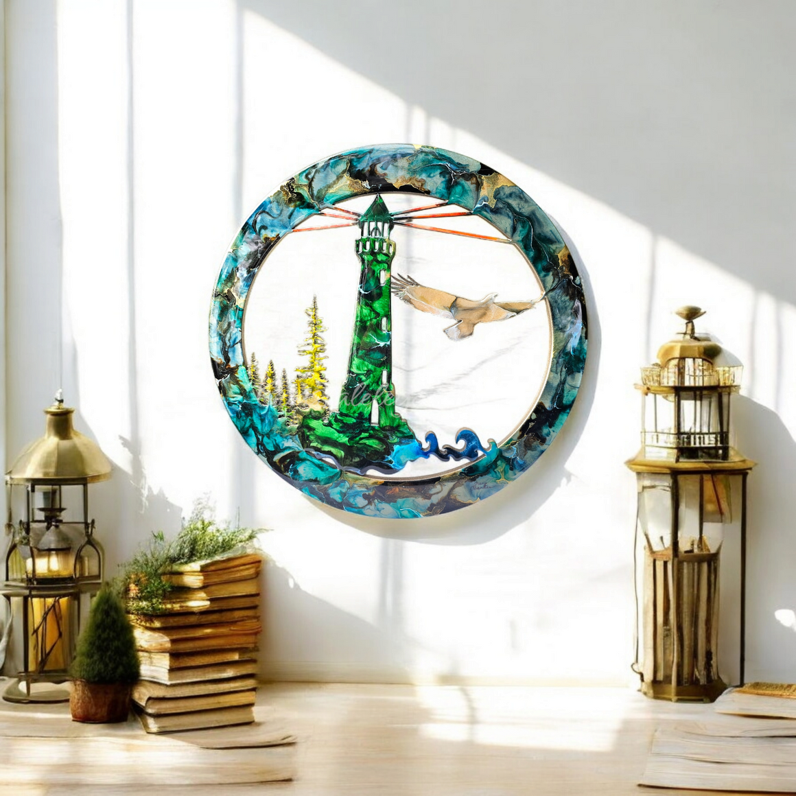 Lighthouse with Eagle and Tree Scene Unique Wall Decoration Multiple Colors