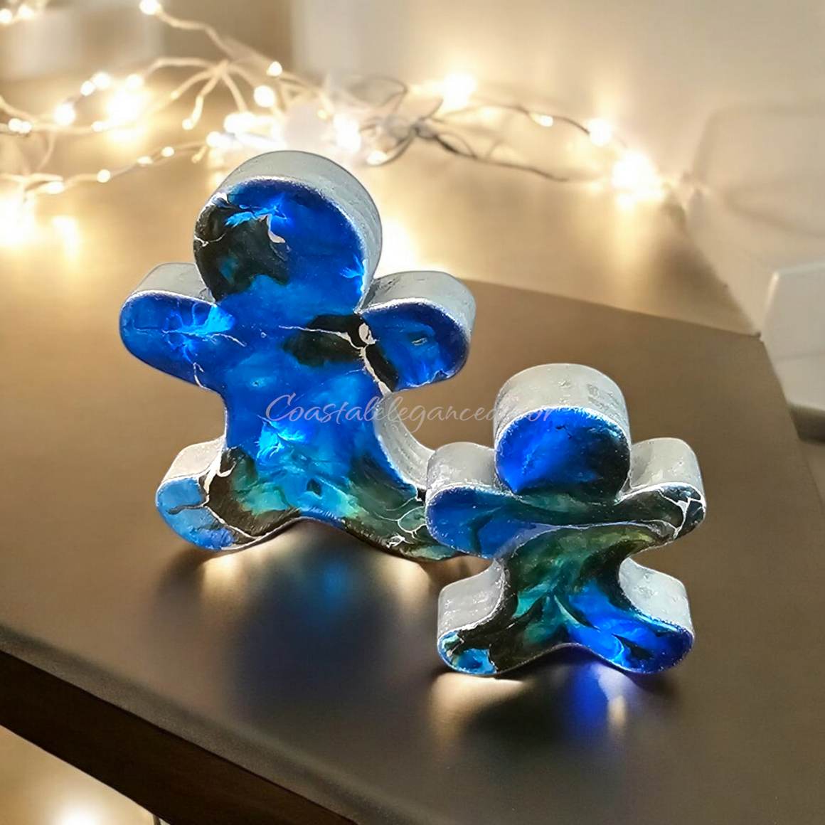 Chunky Wood with Resin Handmade Gingerbread Men Christmas Decorations Blue