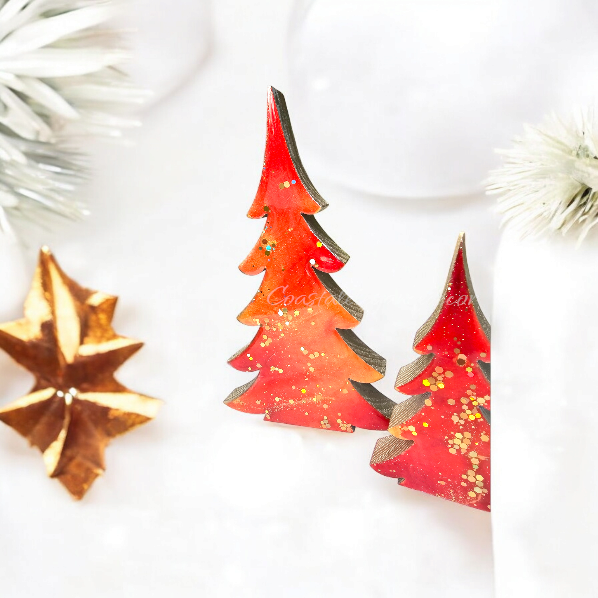 Orange Gold Sunset Chunky Wood Christmas Trees With Branches - Handmade Holiday Decor, 8" & 5"