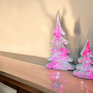 Resin and Chunky Wood Contemporary Mantel Christmas Trees with Branches Holiday Decoration Pink and Silver Lg or Sm