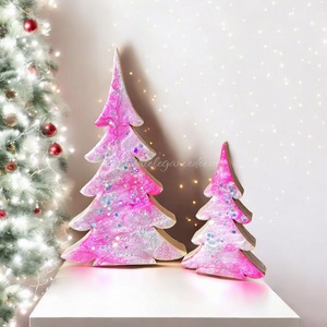 Resin and Chunky Wood Contemporary Mantel Christmas Trees with Branches Holiday Decoration Pink and Silver Lg or Sm