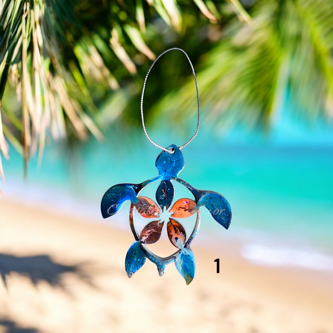 Polynesian Sea Turtle with Tropical Flower Christmas Resin and Wood Ornaments