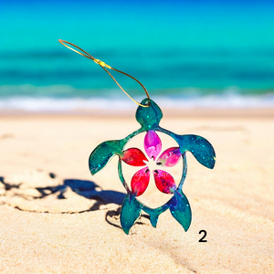 Polynesian Sea Turtle with Tropical Flower Christmas Resin and Wood Ornaments