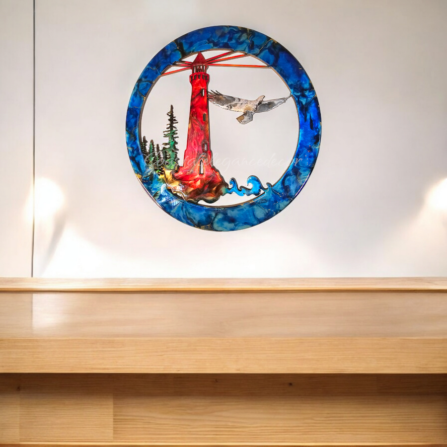 Lighthouse with Eagle and Tree Scene Unique Wall Decoration Multiple Colors