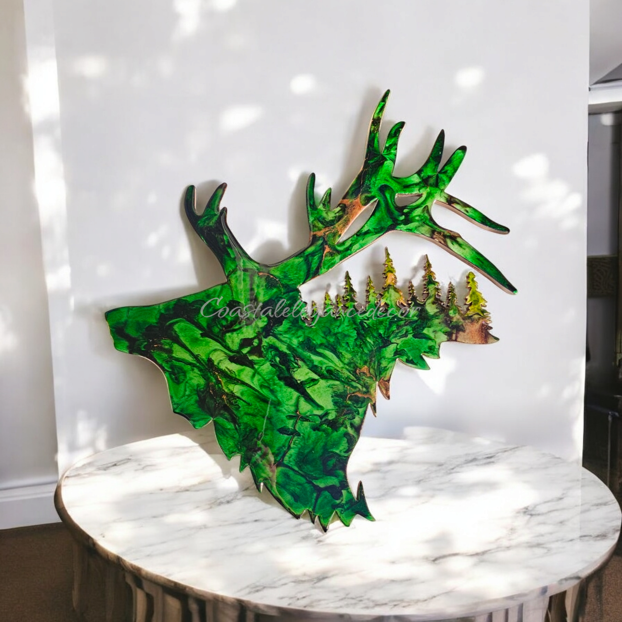 Bold handmade resin on wood elk art piece, showcasing vibrant greens, blues, and copper highlights.