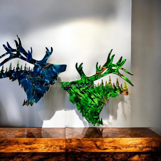 Close-up of handmade resin on wood elk design with copper metallic accents and tree cutouts, ideal for indoor cabin decoration.