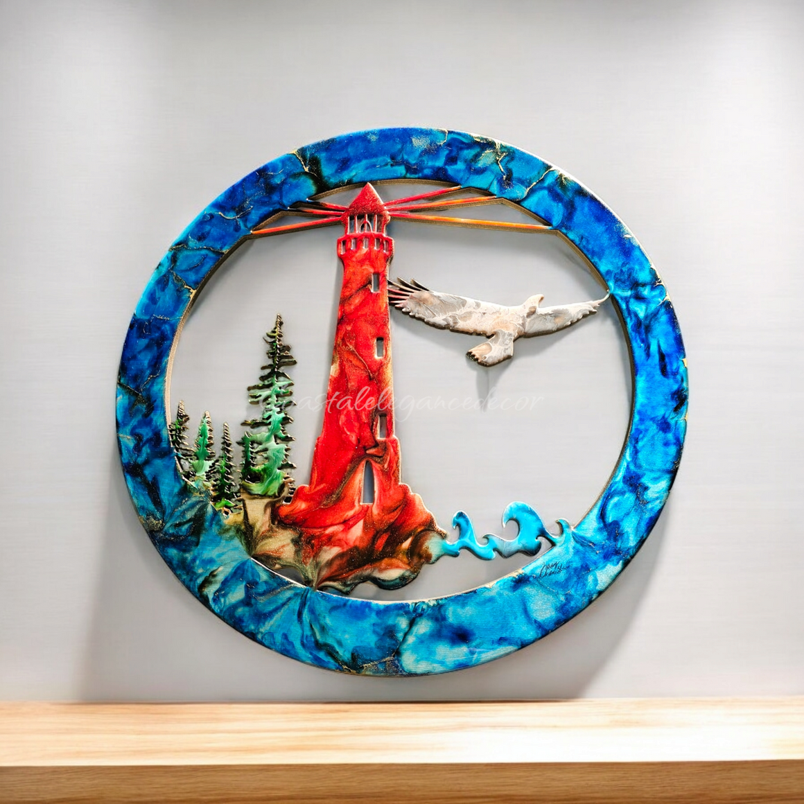 Lighthouse with Eagle and Tree Scene Unique Wall Decoration Multiple Colors