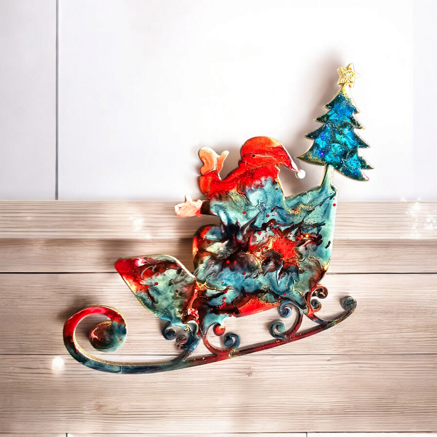 Santa in Sleigh with Christmas Tree Contemporary Handmade Wall Christmas Decoration Blue and Red