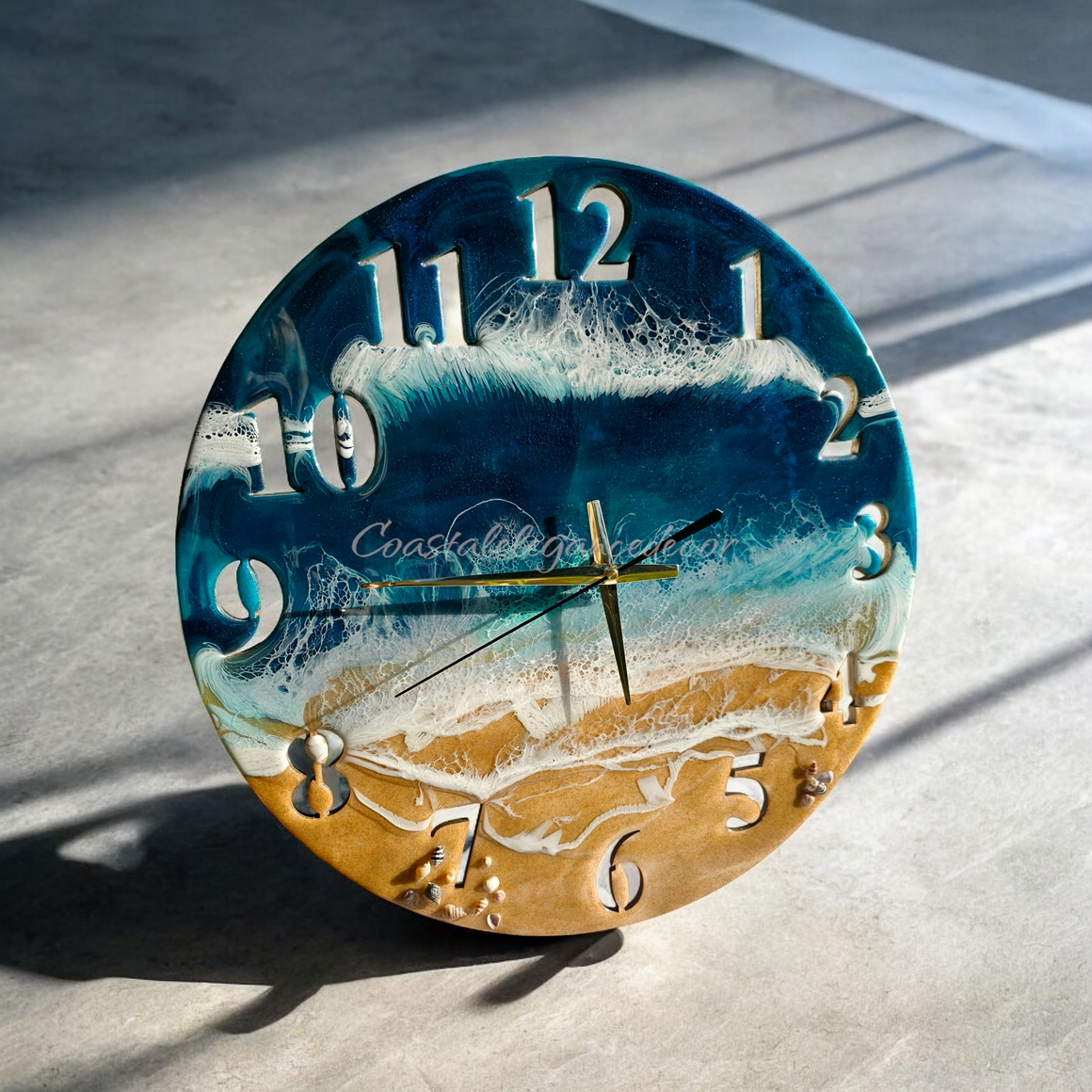 Handmade 19.5'' Beach Ocean Waves Wall Clock - Teal & Blue with Real Sand & Seashells
