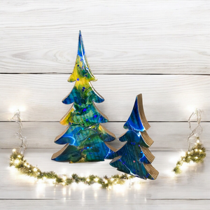 Christmas Trees with Branches Holiday Tabletop Decoration Chunky Wood with Resin Blues with Green Accents Lg or Sm