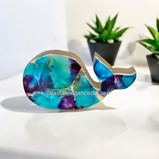 Handmade Chunky Ocean Whale Wood and Resin Decorative Figurine featuring beautiful colors and metallic accents, perfect for ocean lovers.