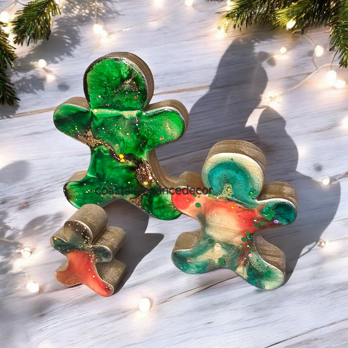 Chunky Wood with Resin Handmade Gingerbread Men Christmas Decorations Green 3 Sizes