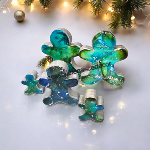 Chunky Wood with Resin Handmade Gingerbread Men Christmas Decorations Green Blue 3 Sizes