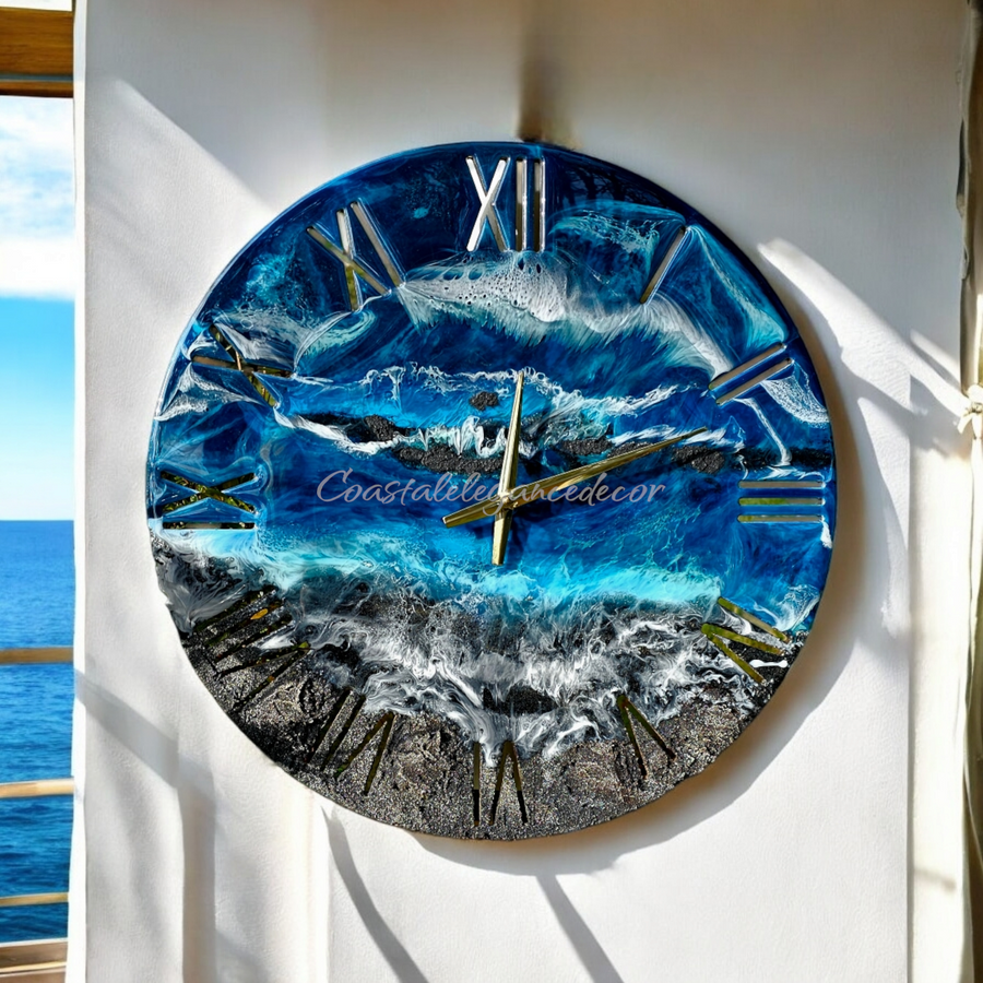 Large Blue Roman Numeral Black Sand Beach With Rocks Ocean Waves Wall Clock 19.5 Inches