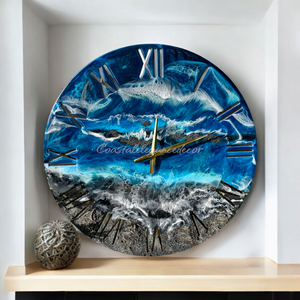 Large Blue Roman Numeral Black Sand Beach With Rocks Ocean Waves Wall Clock 19.5 Inches