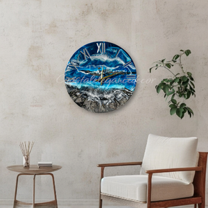 Large Blue Roman Numeral Black Sand Beach With Rocks Ocean Waves Wall Clock 19.5 Inches