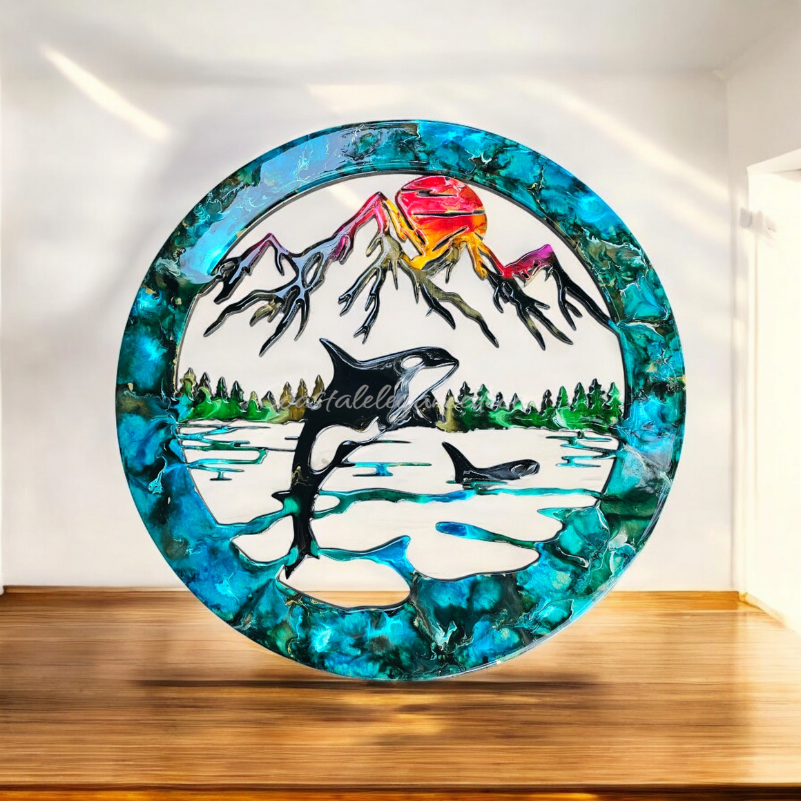 Orca Whales Water With Mountains and Trees Wall Art