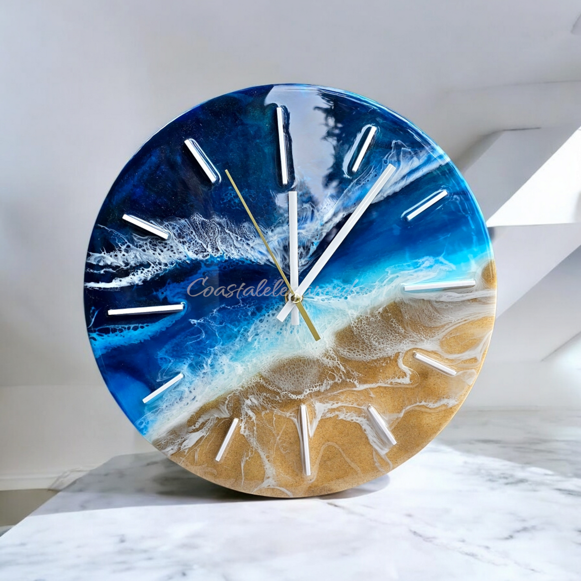 Contemporary Beach Waves Ocean Blues Round Wall Clock 12 Inch