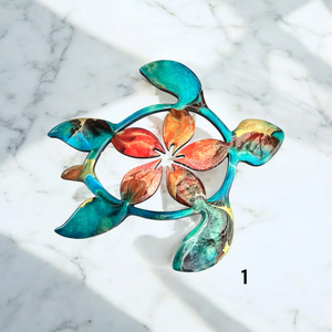 Handmade Small Coastal Polynesian Flower Sea Turtle Wall Decor Art