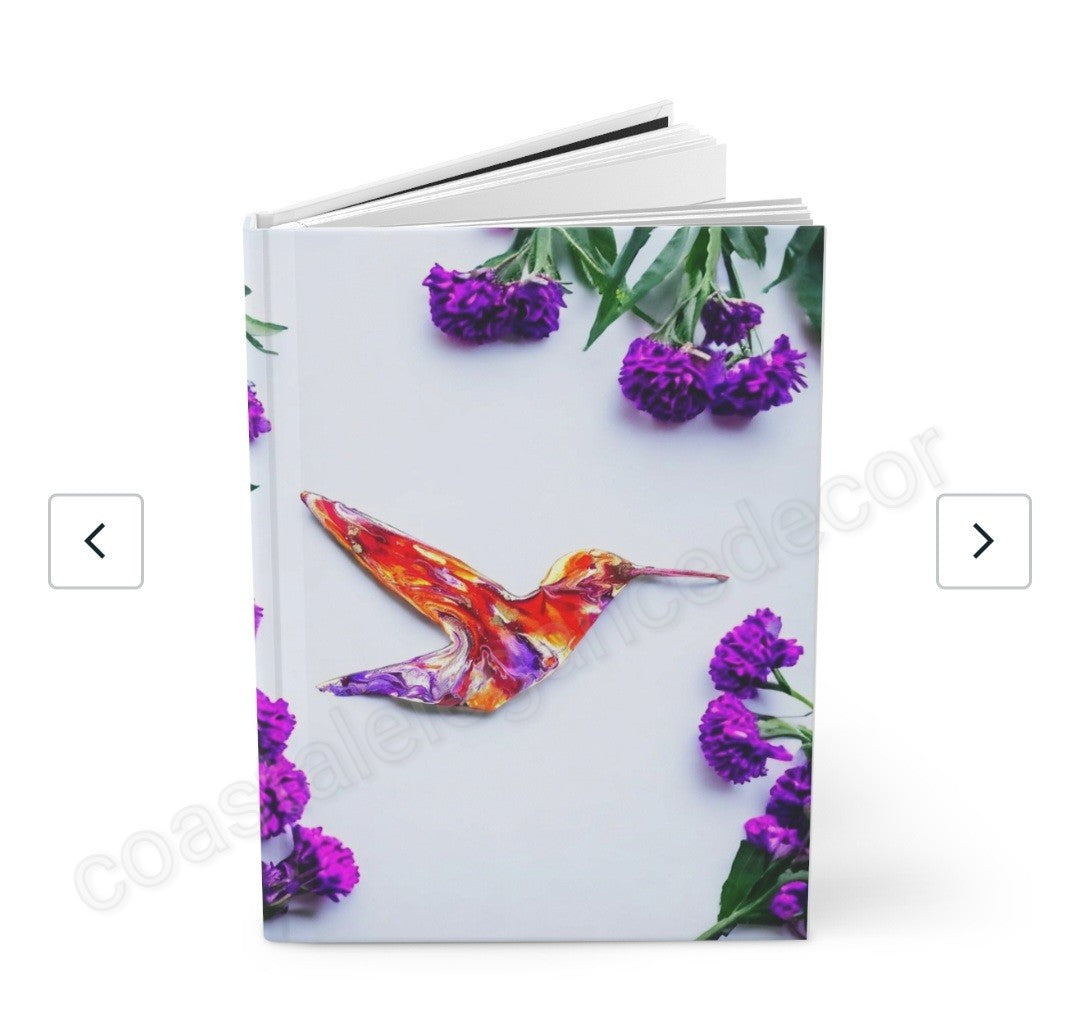 Orange Hummingbird Art Print and Purple Flowers Hardcover Journal