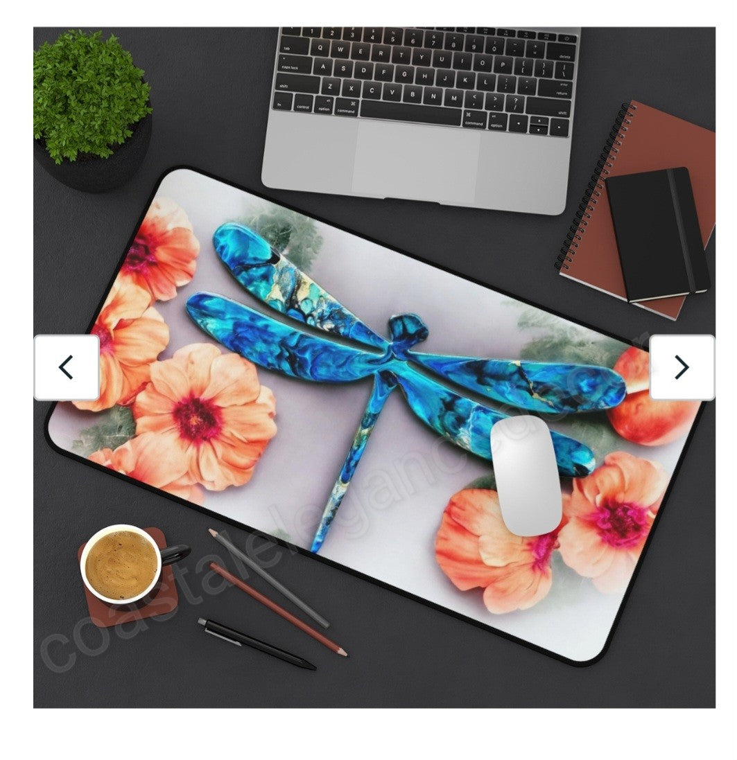 Beautiful Print Sublimation Handcrafted Dragonfly with Peach Flowers Desk Mat showcasing a colorful blue dragonfly design against vibrant peach flowers. Ideal for enhancing workspaces, this customizable desk mat comes in two sizes, featuring a durable neoprene material with anti-slip backing.